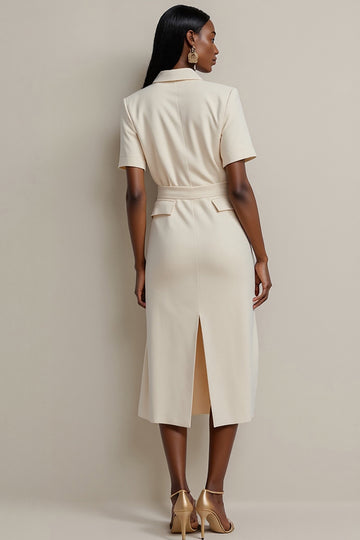 Sheath Ivory V-Neck Work Dress with Short Sleeves